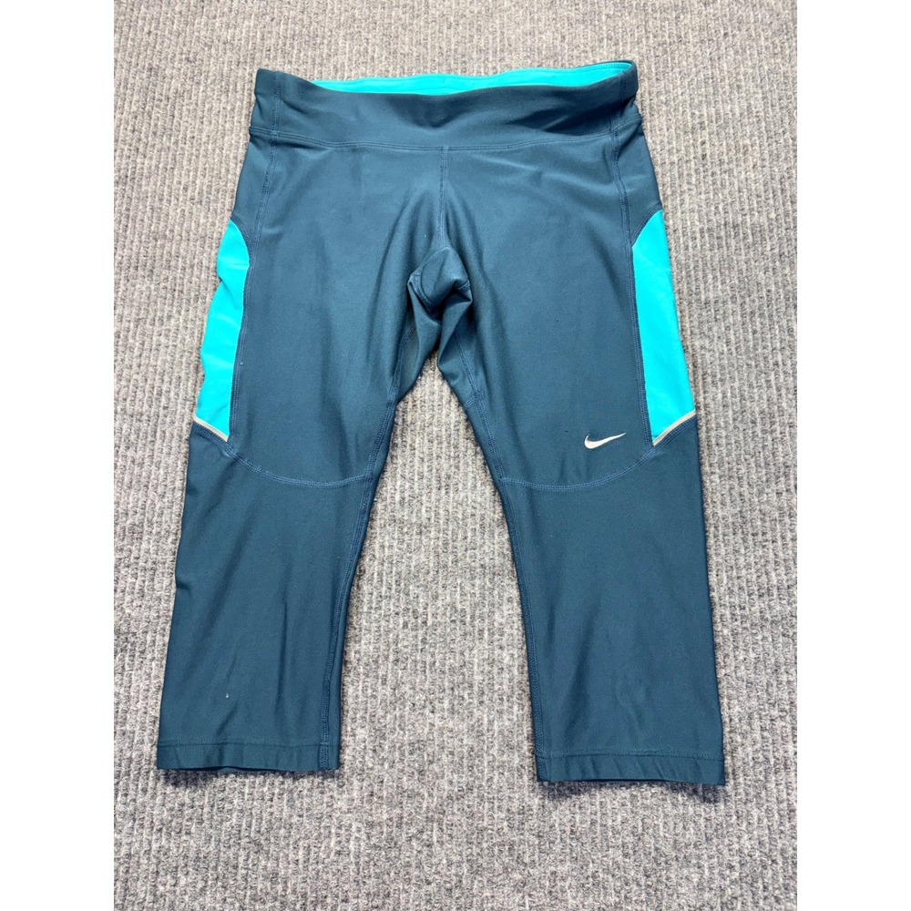 Nike Dri-FIT Women Running Capri Leggings Teal Blue Aqua Small Zipper Pocket